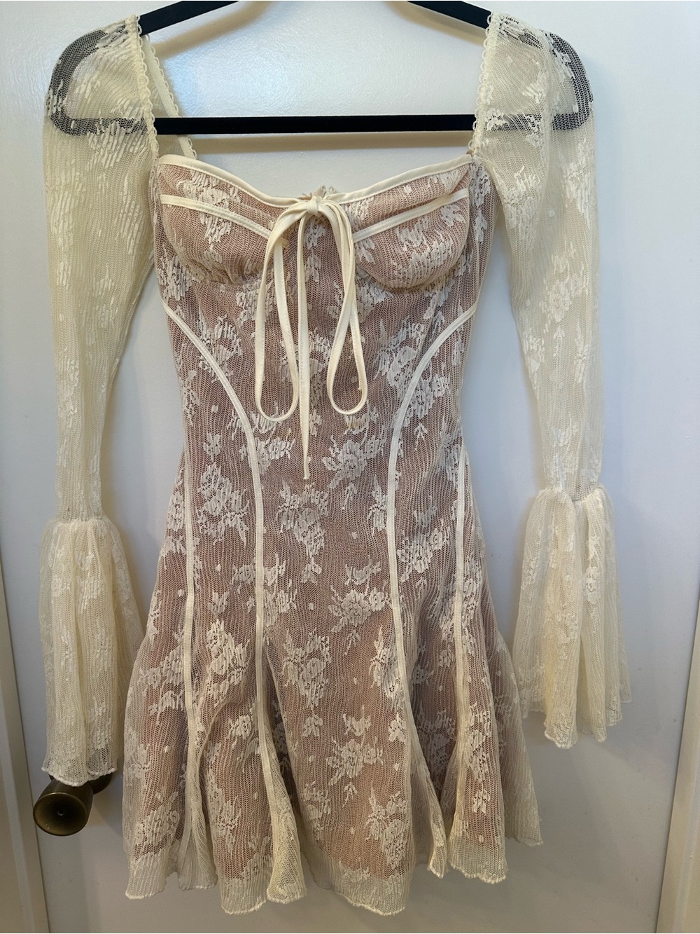 Cream Lace Corset Mini Dress with Tan/Nude Underlay